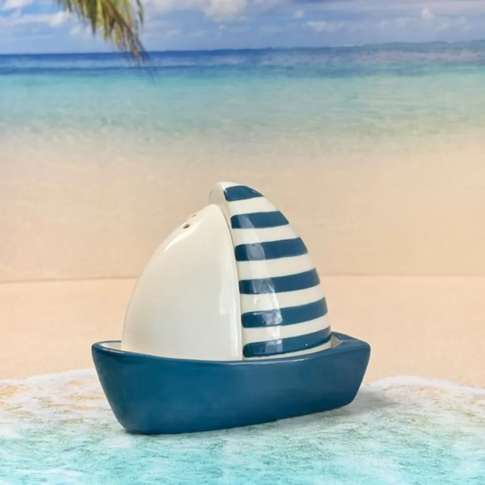 Kirkland’s Home Sailboat Salt Pepper Shaker Set Blue White Ceramic Coastal